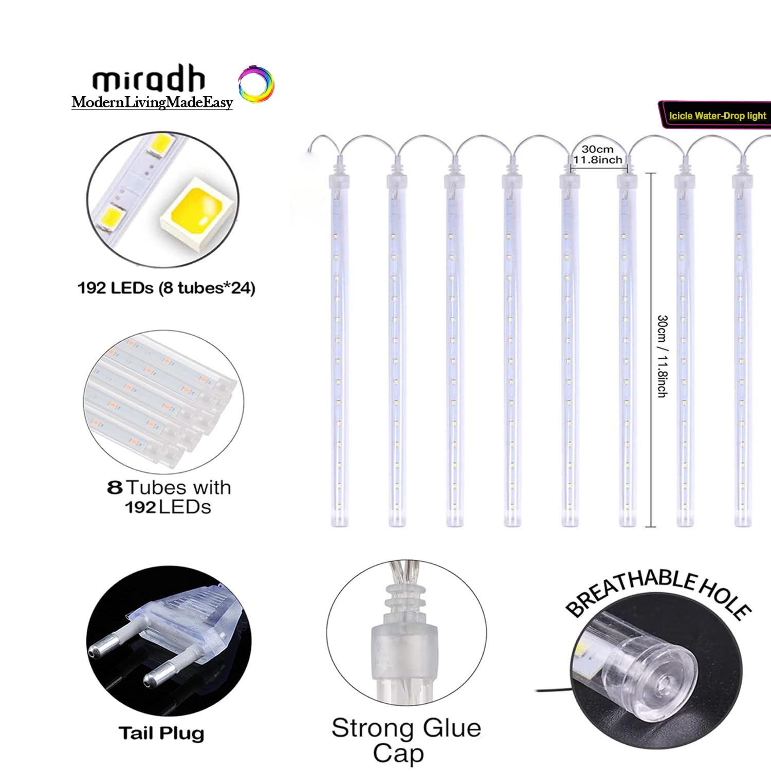 MIRADH Rain Drop Lights, LED Meteor Shower Lights 11.8 inch 8 Tubes 192leds, Icicle Falling Lights for Diwali Lights for Decorat